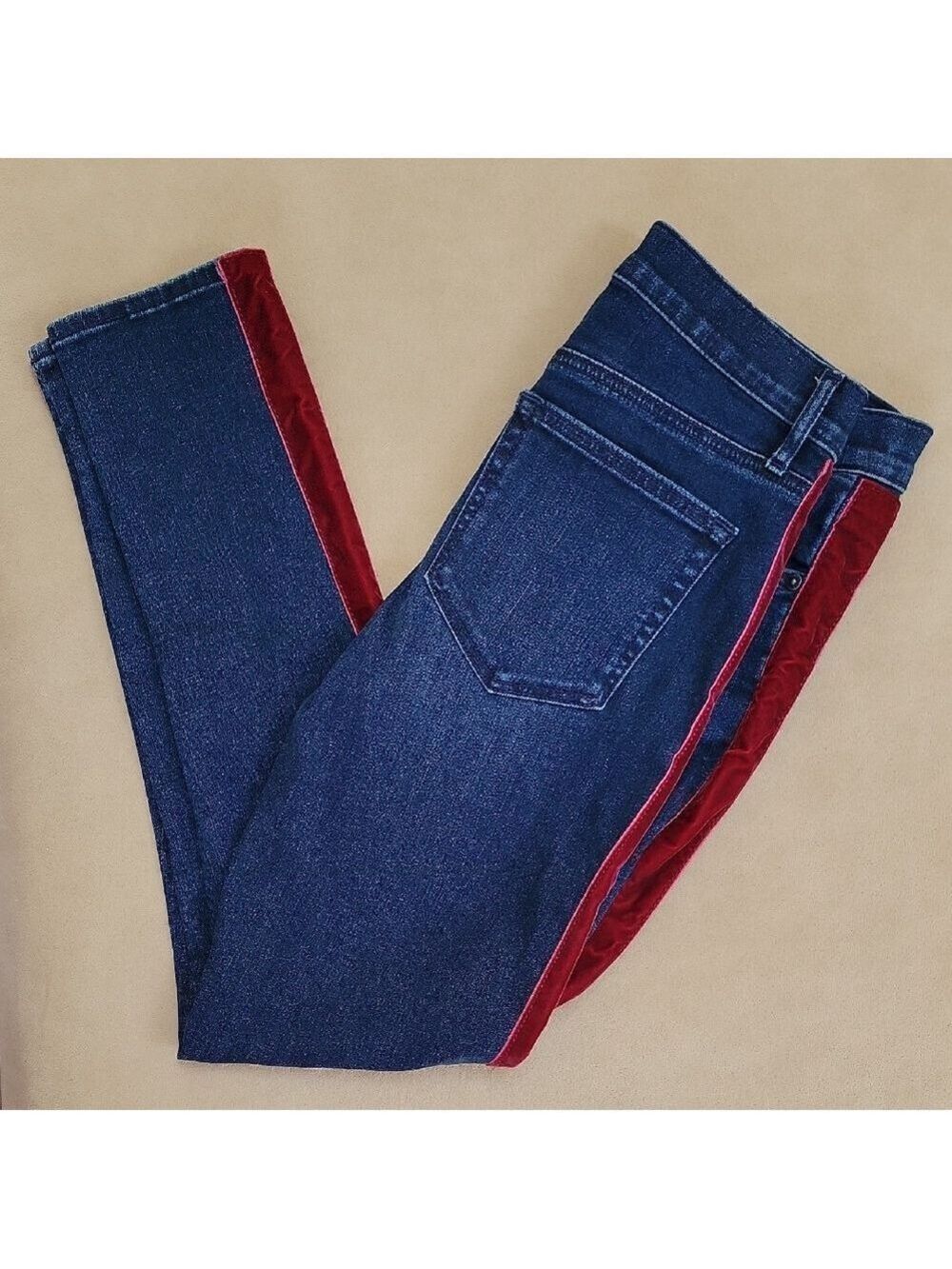 LOFT Dark Blue Skinny Jeans with Red Velvet Side Embellished Size 26/2 EUC - Picture 3 of 12